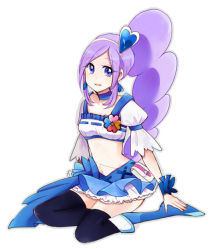 Rule 34 | 00s, 1girl, aono miki, blue footwear, blue skirt, boots, choker, cure berry, drill hair, earrings, eyelashes, fresh precure!, frilled skirt, frills, full body, hair ornament, hairband, happy, high heels, jewelry, knee boots, long hair, looking at viewer, magical girl, midriff, navel, open mouth, ponytail, precure, purple eyes, purple hair, ribbon, shijima (agkm), shirt, side ponytail, simple background, sitting, skirt, smile, solo, thighhighs, thighs, white background, wrist cuffs