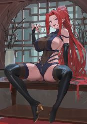 Rule 34 | 1girl, black footwear, black leotard, black nails, black thighhighs, boots, breasts, commission, covered navel, high heels, highres, hood (james x), large breasts, leotard, long hair, looking at viewer, nail polish, open mouth, original, pointy ears, ponytail, purple eyes, red hair, sideboob, sitting, smile, solo, spread legs, thigh boots, thighhighs, thighhighs under boots, thighs, very long hair