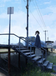 Rule 34 | 1girl, black hair, blue jacket, blue sky, cloud, commentary request, grass, highres, jacket, long skirt, long sleeves, looking at viewer, original, outdoors, power lines, sakeharasu, scenery, shoes, short hair, skirt, sky, sneakers, solo, stairs, standing, train, train station, utility pole, white footwear, wide shot