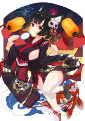 Rule 34 | 1girl, absurdres, animal ear fluff, animal ears, aoiro (t aoiro123), azur lane, bell, black hair, black kimono, breasts, cat ears, cat mask, closed mouth, cloud, fireworks, fish, goldfish, grey footwear, hands up, highres, holding, huge filesize, japanese clothes, jingle bell, kimono, lantern, long sleeves, looking at viewer, mask, mask on head, medium breasts, night, night sky, obi, paw pose, red eyes, sash, short hair, sideboob, sky, smile, star (sky), starry sky, thighhighs, white thighhighs, wide sleeves, yamashiro (azur lane)