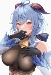Rule 34 | 1girl, ahoge, bell, black gloves, blue hair, bodystocking, breasts, commentary request, covering own mouth, cowbell, detached sleeves, ganyu (genshin impact), genshin impact, gloves, goat horns, grey background, hair between eyes, highres, horns, large breasts, long hair, looking at viewer, neck bell, raised eyebrows, red eyes, ruwoka, simple background, solo, upper body, white sleeves