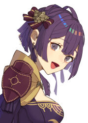 Rule 34 | 1girl, armor, armored dress, bernadetta von varley, breasts, commentary, dress, earrings, fire emblem, fire emblem: three houses, hair ornament, hair ribbon, highres, jewelry, looking at viewer, medium breasts, nintendo, open mouth, pauldrons, purple dress, purple eyes, purple hair, purple ribbon, ribbon, short hair, shoulder armor, simple background, smile, solo, white background, yachimata 1205