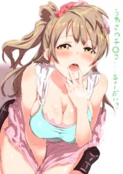 Rule 34 | 10s, 1girl, begging, blush, bow, bra, breasts, breath, brown eyes, brown hair, clearite, cleavage, hair bow, highres, imminent fellatio, kneeling, large breasts, long hair, looking at viewer, love live!, love live! school idol project, minami kotori, naughty face, open mouth, oral invitation, side ponytail, solo, tongue, translated, underwear