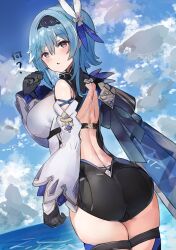 Rule 34 | 1girl, ass, black gloves, black hairband, black shorts, blue cape, blue hair, blue sky, breasts, brown eyes, cape, cloud, commentary request, cowboy shot, day, eula (genshin impact), genshin impact, gloves, hair ornament, hairband, hand up, highres, large breasts, long hair, long sleeves, looking at viewer, parted lips, shirt, short shorts, shorts, sky, solo, standing, the olphy, thighs, white shirt, wide sleeves