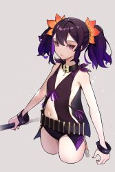 Rule 34 | 1girl, absurdres, baton (weapon), belt, black choker, bracelet, braid, choker, commission, flower, hair flower, hair intakes, hair ornament, highres, jewelry, looking at viewer, mole, mole under eye, nail polish, purple eyes, purple hair, red nails, revealing clothes, shiimidori, sideless outfit, simple background, solo, symonne (tales), tales of (series), tales of zestiria, twintails, weapon