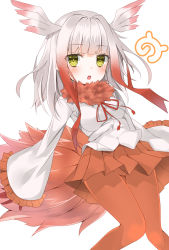 Rule 34 | 10s, 1girl, :o, bird tail, blunt bangs, blush, breasts, buttons, coat, cropped legs, frilled sleeves, frills, fur collar, half-closed eyes, hashiko nowoto, head wings, highres, japanese crested ibis (kemono friends), japari symbol, kemono friends, long sleeves, looking at viewer, medium hair, multicolored hair, open mouth, pantyhose, pleated skirt, red pantyhose, red ribbon, red skirt, ribbon, simple background, skirt, small breasts, solo, standing, tail, teeth, two-tone hair, white background, wide sleeves, wings, yellow eyes