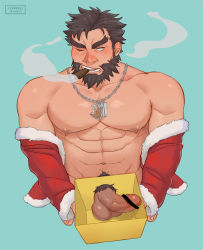 Rule 34 | 1boy, abs, bad id, bad pixiv id, bara, beard, black hair, blush, cerberus arts, cigar, ded (housamo), erection, facial hair, gift, green eyes, large pectorals, male focus, manly, muscular, nipples, partially undressed, pectorals, penis, revealing clothes, santa costume, simple background, solo, testicles, tokyo houkago summoners, undressing, upper body