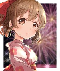 Rule 34 | 1girl, aerial fireworks, blurry, blurry background, blush, bow, brown eyes, brown hair, depth of field, fireworks, floral print, from side, grey outline, hair bow, highres, hori yuko, idolmaster, idolmaster cinderella girls, japanese clothes, kimono, looking at viewer, looking to the side, obi, parted lips, ponytail, print kimono, red bow, sash, solo, upper body, white kimono, yukie (kusaka shi)