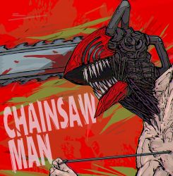 Rule 34 | 1boy, bad id, bad pixiv id, blood, bloody weapon, chainsaw, chainsaw man, copyright name, denji (chainsaw man), facing to the side, highres, hybrid, motion lines, open mouth, red background, sharp teeth, simple background, solo, string pull, teeth, topless male, tumubar117, weapon