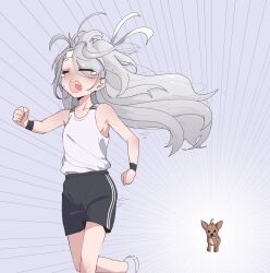 Rule 34 | 1girl, absurdres, bare arms, bare shoulders, black shorts, closed eyes, dog, fleeing, floating hair, frown, grey hair, headband, highres, indie virtual youtuber, liman art, long hair, nisha (vtuber), open mouth, running, shirt, shorts, sleeveless, sleeveless shirt, solo, speed lines, sportswear, sweat, tearing up, virtual youtuber, white headband, white shirt, wristband