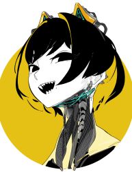 Rule 34 | 1girl, :d, android, animal ears, colored skin, earrings, idkuroi, jewelry, kokubunji suou, limited palette, looking at viewer, mechanical ears, mole, mole under eye, open mouth, original, robot, sharp teeth, short hair, smile, solo, teeth, white skin, yellow theme