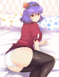Rule 34 | 1girl, ass, autumn leaves, bad id, bad pixiv id, bed sheet, black thighhighs, breasts, clothes lift, hair between eyes, highres, large breasts, looking at viewer, lying, microskirt, miniskirt, on side, panties, patterned, pillow, polka dot pillow, puffy short sleeves, puffy sleeves, purple hair, purple skirt, red eyes, red shirt, rope, shiny clothes, shiny skin, shirt, short hair, short sleeves, skindentation, skirt, skirt lift, smile, solo, striped, thighhighs, thighs, touhou, underwear, wall, white panties, x&amp;x&amp;x, yasaka kanako
