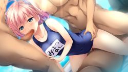 Rule 34 | 1girl, 3boys, ahoge, blue eyes, blue one-piece swimsuit, blue scrunchie, breasts, censored, character name, clothed female nude male, collarbone, day, fellatio, game cg, girl on top, group sex, hair between eyes, hair ornament, hair scrunchie, highres, kouno mimako, medium hair, mosaic censoring, multiple boys, nude, official art, one-piece swimsuit, oral, outdoors, penis, pink hair, polka dot, polka dot scrunchie, school swimsuit, scrunchie, sex, small breasts, sunlight, swimsuit, toriko no shirabe -refrain- chouritsu sareru otome-tachi to onna kyoushi, torso grab, triple penetration, twintails