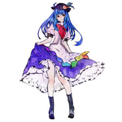Rule 34 | 1girl, blue hair, boots, full body, hat, hinanawi tenshi, long hair, red eyes, shiro (reptil), simple background, solo, standing, touhou, white background