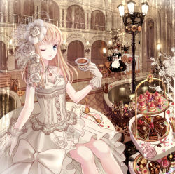 Rule 34 | 2girls, anko kinako, bell, blonde hair, blue eyes, blueberry, bow, brown hair, cake, cat, checkerboard cookie, chocolate, cookie, cream puff, cup, cupcake, dress, flower, food, fountain, fruit, gloves, hair flower, hair ornament, lace, lamppost, long hair, maid, multiple girls, one eye closed, original, plate, raspberry, sitting, spoon, strapless, strapless dress, strawberry, tea, teacup, teapot, thumbprint cookie, tiered serving stand, tiered tray, tray, white dress, white gloves, wink