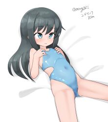 Rule 34 | 1girl, absurdres, asashio (kancolle), black hair, blue eyes, blue one-piece swimsuit, covered navel, feet out of frame, flat chest, highleg, highleg swimsuit, highres, kantai collection, long hair, lying, maru (marg0613), one-hour drawing challenge, one-piece swimsuit, solo, swimsuit