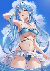 Rule 34 | 1girl, ahoge, atora, bikini, blue hair, blush, breasts, cleavage, colored tips, elf, flower, frilled bikini, frills, hair between eyes, hair flower, hair ornament, half updo, heart, heart ahoge, highres, hololive, large breasts, long hair, midriff, multicolored hair, navel, pointy ears, smile, solo, streaked hair, swimsuit, virtual youtuber, wading, wet, yellow eyes, yukihana lamy