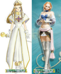 Rule 34 | 2girls, angela (castlevania), blonde hair, boots, breasts, castlevania (series), castlevania pachislot, cleric, comparison, cross, cross necklace, crossover, dancer, final fantasy, final fantasy x, final fantasy x-2, fujishima kousuke, gloves, large breasts, long hair, midriff, mint adenade, multiple girls, navel, parody, short hair, smile, staff, tales of (series), tales of phantasia, thigh boots, thighhighs