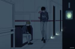 Rule 34 | 2boys, against wall, black footwear, black hair, blonde hair, collared shirt, couch, covered eyes, door, dress shirt, glowing, grey pants, grey shirt, hair over eyes, hallway, handprint, hands in pockets, highres, htr wiwi, indoors, inukai sumiharu, kageura masato, long sleeves, male focus, multiple boys, pants, print shirt, profile, shirt, shoes, short hair, sitting, spiked hair, standing, tile floor, tiles, timestamp, white pants, world trigger
