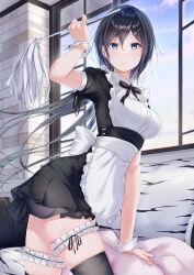 Rule 34 | 1girl, absurdres, apron, black bow, black thighhighs, blue eyes, blue hair, blue sky, blush, bow, breasts, bridal garter, closed mouth, frilled apron, frills, hair ornament, hairclip, highres, indoors, large breasts, long hair, looking at viewer, maid, maid apron, maid headdress, meen (ouaughikepdvrsf), original, short sleeves, sky, solo, thighhighs, window