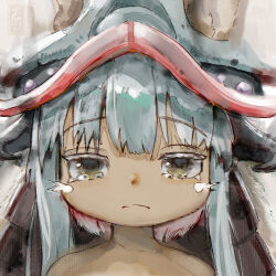 Rule 34 | 1other, animal ears, body fur, brown fur, closed mouth, colored eyelashes, eyelashes, furry, green eyes, highres, horizontal pupils, long hair, looking at viewer, made in abyss, nanachi (made in abyss), other focus, paper texture, portrait, rabbit ears, simple background, solo, tenkijio, whiskers, white background, white hair