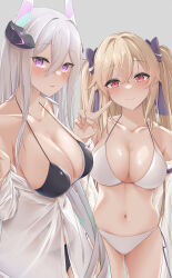 Rule 34 | 2girls, absurdres, anchorage (azur lane), anchorage (dolphins and swim lessons) (azur lane), azur lane, bare shoulders, bikini, black bikini, blonde hair, breasts, cleavage, closed mouth, collarbone, collared shirt, commentary, grey background, hair between eyes, hair ribbon, hand up, headgear, highres, kearsarge (azur lane), large breasts, long hair, looking at viewer, multiple girls, navel, off shoulder, partially unbuttoned, purple eyes, red eyes, ribbon, see-through, shirt, simple background, smile, stomach, swimsuit, twintails, uniazi mikan, v, white bikini, white hair, white shirt