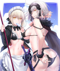 Rule 34 | 2girls, adjusting clothes, adjusting swimsuit, ahoge, artoria pendragon (all), artoria pendragon (alter swimsuit rider) (fate), artoria pendragon (alter swimsuit rider) (second ascension) (fate), artoria pendragon (fate), ass, bikini, bikini top only, black bikini, blonde hair, breasts, cape, choker, cloud, day, fate/grand order, fate (series), food, from behind, fur trim, grey hair, grin, hair between eyes, headpiece, holding, jeanne d&#039;arc (fate), jeanne d&#039;arc (ruler) (fate), jeanne d&#039;arc alter (avenger) (fate), jeanne d&#039;arc alter (fate), large breasts, looking at viewer, maid, maid bikini, maid headdress, midriff, mop, multiple girls, navel, okitakung, parted lips, popsicle, saber alter, short hair, sideboob, sky, smile, stomach, sweat, swimsuit, sword, unconventional maid, underboob, weapon, yellow eyes