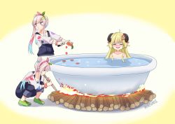 Rule 34 | ahoge, airani iofifteen, artist name, bathtub, blonde hair, blue hair, breasts, carrot, fire, green footwear, hair ornament, highres, hololive, hololive indonesia, horns, image sample, knife, multicolored hair, nude, open mouth, overalls, pink hair, pink ribbon, polka dot, polka dot ribbon, red hair, ribbon, side ponytail, smile, tsunomaki watame, twitter sample, virtual youtuber, wood