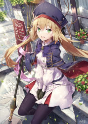 Rule 34 | 1girl, artoria caster (fate), artoria caster (second ascension) (fate), artoria pendragon (fate), belt, between legs, black bow, black hat, black pantyhose, blonde hair, blue belt, blush, bow, bowtie, brown gloves, buttons, capelet, commentary request, day, double-breasted, falling petals, fate/grand order, fate (series), flower, gabiran, gloves, green eyes, hair between eyes, hand between legs, hat, hat bow, jacket, long hair, long sleeves, looking at viewer, multicolored capelet, open mouth, outdoors, pantyhose, petals, pink ribbon, plant, potted plant, purple bow, purple bowtie, purple capelet, red capelet, red flower, red hat, red skirt, ribbon, sign, signature, sitting, skirt, smile, solo, staff, striped belt, teeth, two-tone skirt, upper teeth only, white jacket, white skirt, window