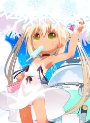 Rule 34 | 1girl, arm up, armpits, blonde hair, car, child, choker, cowboy shot, dress, flat chest, food, hair ornament, hand on headwear, hat, ice cream, kuroneko (kuroneko works), long hair, looking at viewer, motor vehicle, mouth hold, multicolored eyes, one-piece tan, original, panties, pantyshot, popsicle, see-through, skirt, solo, sundress, tan, tanline, twintails, underwear, upskirt, vehicle, very long hair, white panties, white skirt, wind, wind lift, yellow eyes