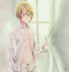 Rule 34 | 1boy, artist name, bad id, bad pixiv id, bleach, blonde hair, blue eyes, curtains, jugram haschwalth, male focus, open clothes, open shirt, ronisuke, shirt, topless male, solo, upper body, window