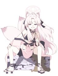 Rule 34 | 1girl, absurdres, animal ear fluff, animal ears, bike shorts, black ribbon, black shorts, blanchat, blue archive, geta, grey eyes, grin, hair ribbon, half-closed eyes, halo, hand on own knee, highres, holding, holding smoking pipe, japanese clothes, kimono, kiseru, kuzunoha (blue archive), long hair, looking at viewer, multiple tails, off shoulder, pink kimono, ribbon, short eyebrows, shorts, simple background, sitting, smile, smoking pipe, solo, spread legs, tail, white background, white footwear, white hair