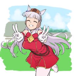 Rule 34 | 1girl, ^ ^, animal ears, belt, bow, bowtie, breasts, buttons, closed eyes, commentary, double-breasted, double v, facing viewer, gloves, gold ship (umamusume), grey hair, grin, hat, highres, horse ears, jacket, long hair, medium breasts, open mouth, outdoors, pants, reaching, reaching towards viewer, red jacket, sleeveless, sleeveless jacket, smile, solo, standing, standing on one leg, umamusume, v, wakoudo, white gloves, white pants