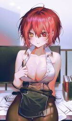 Rule 34 | 1girl, bare shoulders, breasts, eungsam, highres, hololive, houshou marine, large breasts, official alternate costume, red eyes, red hair, short hair, sleeveless, smile, solo, virtual youtuber, yellow eyes