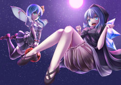 Rule 34 | 2girls, black legwear, bloomers, blue eyes, breasts, cape, capelet, cirno, daiyousei, dress, fairy, fairy wings, full moon, green eyes, halloween, hands up, ice, ice wings, jack-o&#039;-lantern, kirimori toya, looking at viewer, moon, multiple girls, night, night sky, open mouth, puffy short sleeves, puffy sleeves, pumpkin, shoes, short hair, short sleeves, side ponytail, skirt, skirt set, sky, small breasts, smile, sparkle, star (sky), starry sky, thighhighs, touhou, underwear, wings, wrist cuffs