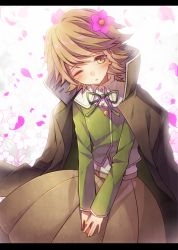 Rule 34 | 10s, 1boy, blush, borrowed clothes, brown eyes, brown hair, crossdressing, danganronpa: trigger happy havoc, danganronpa (series), floral background, flower, fujisaki chihiro, hair flower, hair ornament, jacket, jacket on shoulders, letterboxed, long sleeves, male focus, one eye closed, open mouth, own hands together, ponta (aoi), school uniform, short hair, skirt, solo, trap, wink
