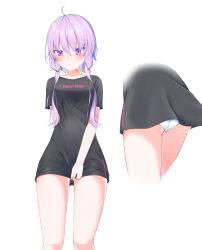 Rule 34 | 1girl, alternate costume, ass, black shirt, blush, breasts, character name, commentary request, gluteal fold, highres, menbou (menbow3v), multiple views, naked shirt, no pants, panties, pantyshot, purple eyes, purple hair, shirt, shirt tug, short hair with long locks, simple background, small breasts, standing, thighs, twintails, underwear, vocaloid, voiceroid, white background, white panties, yuzuki yukari