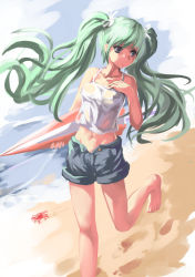 Rule 34 | 1girl, 463 jun, abs, absurdres, bare arms, bare shoulders, barefoot, beach, blue eyes, blue sky, camisole, closed umbrella, cloud, collarbone, crab, day, green hair, hair ribbon, hatsune miku, highres, long hair, midriff, navel, outdoors, parasol, ribbon, shorts, sky, solo, tank top, twintails, umbrella, very long hair, vocaloid