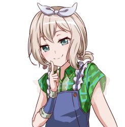 Rule 34 | 1girl, aoba moca, arm warmers, bang dream!, blue eyes, collared shirt, commentary request, earrings, frills, green shirt, grey hair, hair ribbon, hand up, heart, heart earrings, index finger raised, jewelry, looking at viewer, nyanmaru (ememing), ribbon, shirt, short hair, short sleeves, short twintails, simple background, smile, solo, twintails, upper body, white background, white ribbon