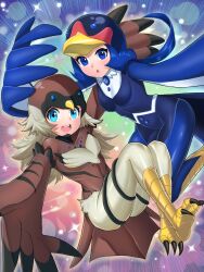 Rule 34 | 2girls, absurdres, bird hat, bird legs, blue eyes, blue hair, breasts, brown hair, commentary, duel monster, feathered wings, harpy, highres, long hair, looking at viewer, lyrilusc - cobalt sparrow, lyrilusc - sapphire swallow, messy hair, monster girl, multiple girls, open mouth, pongpong0920, small breasts, talons, winged arms, wings, yu-gi-oh!