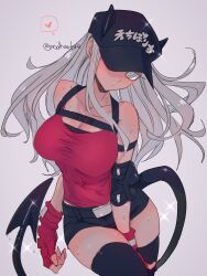 Rule 34 | 1girl, absurdres, black hat, black horns, black shorts, black thighhighs, breasts, bright pupils, cleavage, collarbone, commentary, demon girl, demon tail, fingerless gloves, gloves, grey background, grey eyes, grey hair, hat, heart, helltaker, highres, horns, horns through headwear, justice (helltaker), large breasts, long hair, looking at viewer, noah (tettsui-sole), red gloves, red shirt, shirt, shorts, simple background, solo, spoken heart, sweat, symbol-only commentary, tail, thighhighs, thighs, twitter username, white pupils