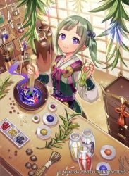 Rule 34 | 1girl, animal, arrow (projectile), bottle, bow, bow (weapon), bowl, chest of drawers, closed mouth, copyright notice, fingernails, fire emblem, fire emblem cipher, fire emblem fates, frog, green hair, hair ribbon, holding, holding animal, indoors, japanese clothes, kimono, leaf, long sleeves, matsurika youko, midori (fire emblem), mushroom, nintendo, official art, pot, puffy long sleeves, puffy sleeves, purple eyes, purple ribbon, ribbon, smile, solo, sparkle, standing, twintails, watermark, weapon, white kimono