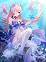 Rule 34 | 1girl, absurdres, bare shoulders, blue bow, bow, chinese commentary, commentary request, detached sleeves, feet, foot out of frame, genshin impact, highres, legs, lingshalan, long hair, long sleeves, looking at viewer, navel, parted lips, pink hair, purple eyes, sandals, sangonomiya kokomi, solo, stomach, tabi, thighhighs, underwater, very long hair, white thighhighs