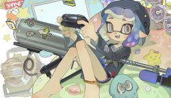 Rule 34 | 1girl, :d, anklet, barefoot, bean bag chair, black hat, black shirt, black shorts, blobfish, blush, character doll, character request, colored tongue, commentary request, controller, e-liter 4k (splatoon), explosher (splatoon), fangs, feet, game controller, gun, hands up, hat, highres, holding, holding controller, holding game controller, inkling, inkling girl, inkling player character, jewelry, knees up, long sleeves, looking at viewer, nintendo, open mouth, p-pepper, pointy ears, purple eyes, purple hair, purple tongue, shirt, short eyebrows, short hair, short shorts, shorts, sidelocks, sitting, smile, smiley face, solo, splatoon (series), star (symbol), sticker, stuffed toy, suction cups, tag, tentacle hair, weapon, white background
