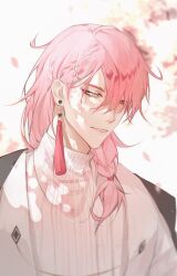 Rule 34 | 1boy, alternate hair color, alternate hairstyle, braid, cherry blossoms, commentary, earrings, english commentary, eyelashes, falling petals, hair behind ear, hair between eyes, hair ornament, hair over shoulder, hair tie, hairclip, highres, jacket, jewelry, light purple hair, long hair, low-tied long hair, male focus, nijisanji, nijisanji en, open clothes, open jacket, parted bangs, parted lips, petals, pink hair, ribbed sweater, simple background, single earring, solo, sweater, tassel, tassel earrings, turtleneck, turtleneck sweater, upper body, virtual youtuber, vox akuma, white background, white jacket, white sweater, yellow eyes, yugi-ayugi