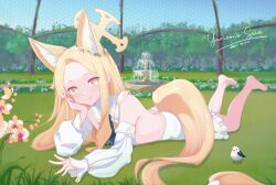 Rule 34 | 1girl, animal ears, arm support, aruhian, backless dress, backless outfit, bare back, barefoot, bird, blonde hair, blue archive, blurry, commentary request, depth of field, detached sleeves, dress, flower, forehead, forest, fountain, fox ears, fox girl, fox tail, grass, hair flower, hair ornament, halo, head rest, head tilt, highres, long hair, long sleeves, looking at viewer, lying, nature, on stomach, orange eyes, outdoors, parted bangs, sailor collar, school uniform, seia (blue archive), sidelocks, smile, solo, tail, toes, turtleneck, white dress, white sailor collar