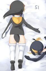 Rule 34 | 2girls, bird tail, black footwear, black hair, black jacket, blonde hair, boots, commentary request, emperor penguin (kemono friends), face down, full body, headphones, highres, jacket, kemono friends, lets0020, lying, multicolored hair, multiple girls, numbered, on stomach, orange hair, rockhopper penguin (kemono friends), short hair, streaked hair, tail, thighhighs, white thighhighs