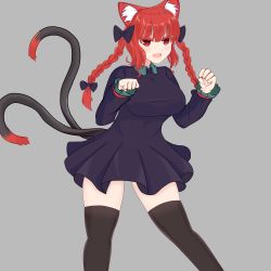 Rule 34 | 1girl, animal ears, blue dress, blunt bangs, bow, braid, breasts, cat ears, dress, feet out of frame, grey background, hair bow, hands up, highres, kaenbyou rin, large breasts, legs apart, looking at viewer, multiple tails, nekomata, ody kishi, paw pose, red eyes, red hair, simple background, solo, tail, thighhighs, touhou, twin braids, two tails