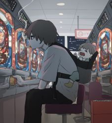 Rule 34 | absurdres, avogado6, baby, baby carrier, bags under eyes, black eyes, black pants, brown hair, casino, child abuse, commentary request, crying, from side, highres, indoors, leaning forward, open mouth, original, pants, profile, shirt, sitting, slot machine, smoke, smoking, stool, white shirt