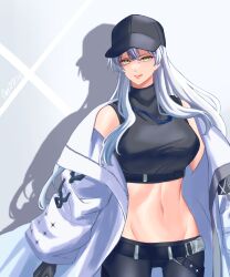 Rule 34 | 1girl, armband, bare shoulders, baseball cap, belt, black belt, black gloves, black hat, black pants, black shirt, blue archive, breasts, buckle, chest harness, closed mouth, coat, commentary request, commission, cosplay, covered collarbone, cowboy shot, crop top, drop shadow, fire emblem, fire emblem: radiant dawn, gloves, grey hair, groin, hair between eyes, harness, hat, highres, holster, large breasts, long hair, looking at viewer, marth-chan (micaiah mrmm), micaiah (fire emblem), midriff, navel, nintendo, no mask, pants, pixiv commission, saori (blue archive), saori (blue archive) (cosplay), shadow, shirt, sidelocks, sleeveless, sleeveless shirt, snap-fit buckle, solo, standing, thigh holster, underbust, white coat, yellow eyes